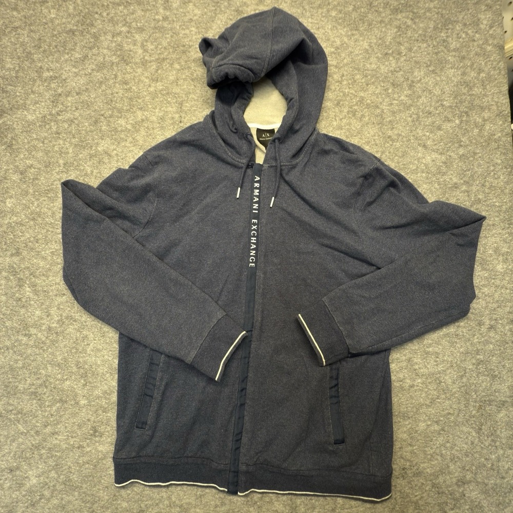Armani Exchange Zip Hoodie Men L Logo Tape Cotton Blend Navy Blue Solid
